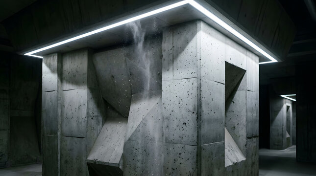 Atmospheric Brutalist Architecture Featuring Geometric Concrete Columns and Recessed LED Strip Lighting in a Dark Industrial Interior with Falling Dust Particles Creating a Futuristic Underground Aest