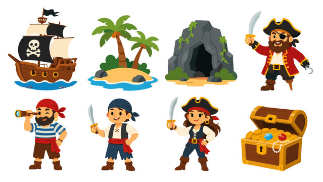 Cartoon pirate character set with ship island cave and treasure