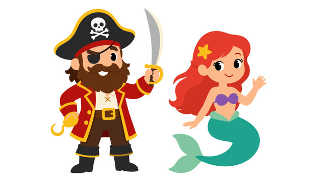 Cute pirate captain and mermaid cartoon character set