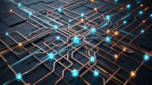 Abstract 3D digital background featuring a complex network of interconnected glowing blue circuit pathways and metallic data nodes representing advanced artificial intelligence communication 