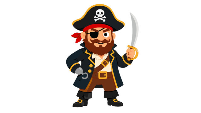 Cartoon pirate captain character with sword and hook hand