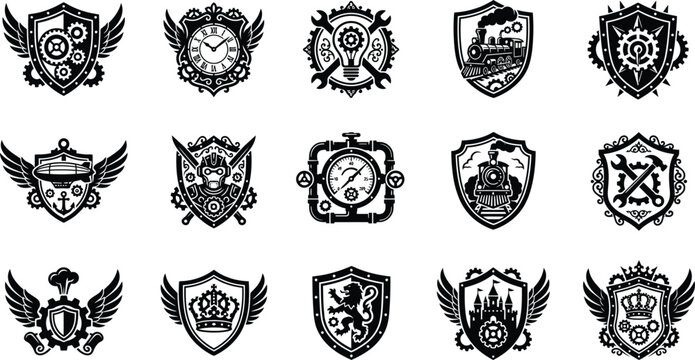 Steampunk silhouette logos and shields with gears clocks and wings