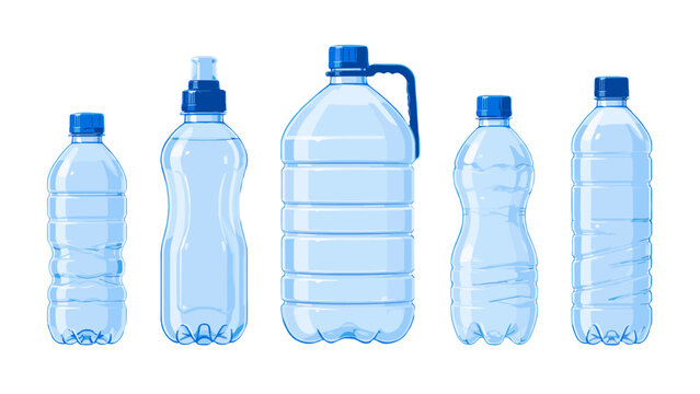 Set of transparent plastic water bottles in different shapes