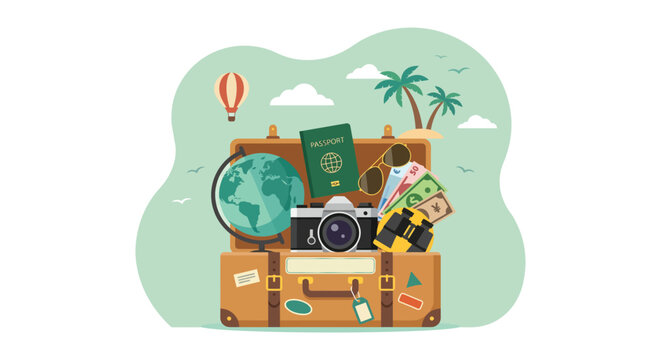 Open suitcase with travel items vector illustration with scenic background