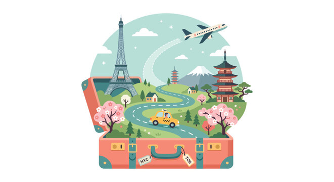 Travel suitcase with landmark illustrations flat vector graphic