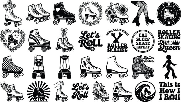 Vintage roller skating collection featuring retro quad skates and motivational phrases in detailed line art style
