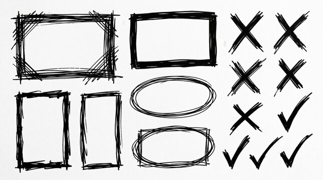 Hand Drawn Scribble Frames and Check Marks Collection