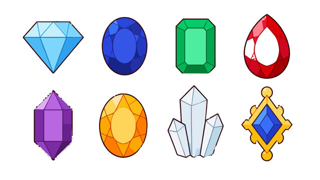 Cartoon gemstone set with crystals and faceted jewels