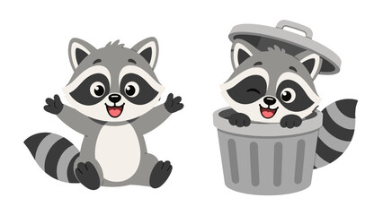 Fototapeta premium Cute cartoon raccoon characters with trash can and waving pose