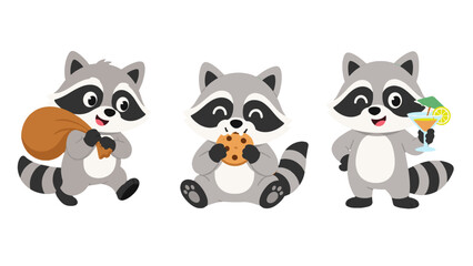 Fototapeta premium Cute cartoon raccoon character set with snack bag, cookie and drink