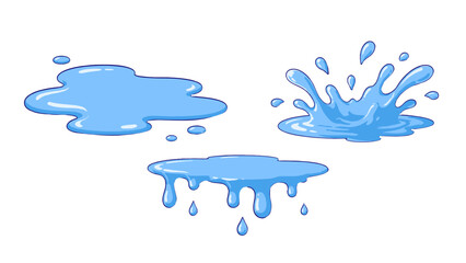Fototapeta na wymiar Blue water puddle and splash cartoon vector icon set