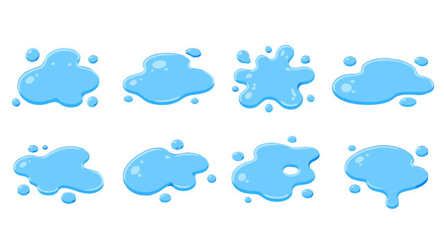 Blue cartoon water puddle set isolated on white background