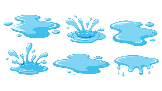 Blue water puddles and splash shapes isolated vector set