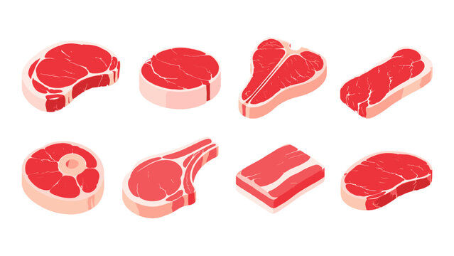 Raw meat steak cuts set in flat vector style on white