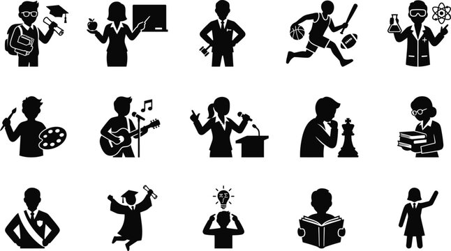 Collection of silhouette icons representing various professions and activities