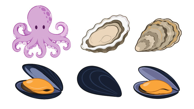 Cartoon seafood set with octopus, oyster and mussel shells