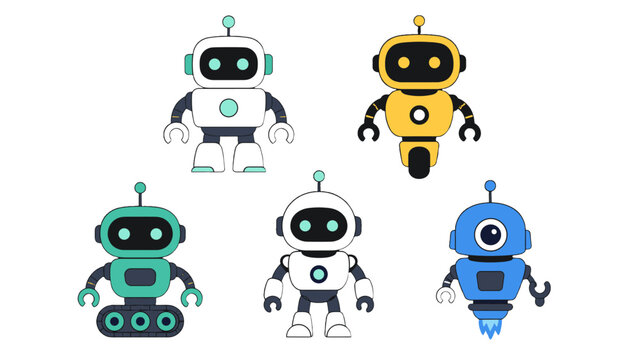 Cute cartoon robot character set in flat vector style