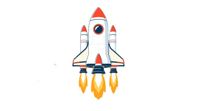 Cartoon space shuttle rocket launching with flames