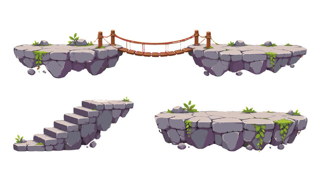 Cartoon stone platform set with bridge and stairs elements