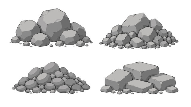 Cartoon gray rock piles and boulder rubble vector set