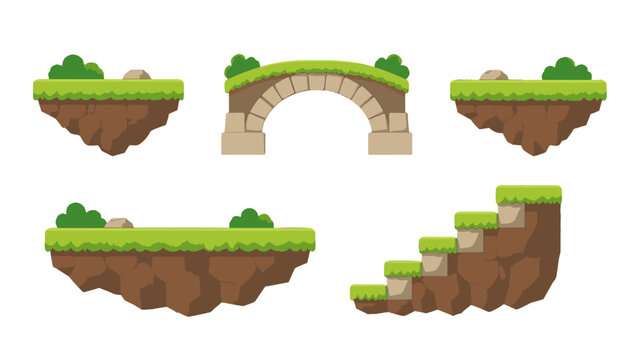 Cartoon floating island platforms and stone bridge game set