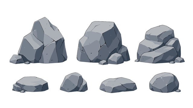 Cartoon gray rock and boulder set isolated on white