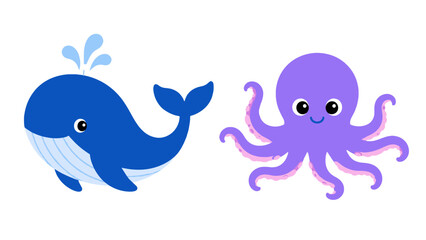 Cute cartoon whale and octopus isolated on white background © icon_art