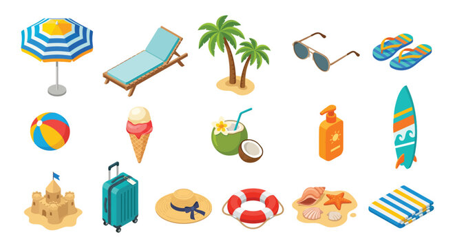 Beach Vacation Items Isometric Vector Illustration On White Background