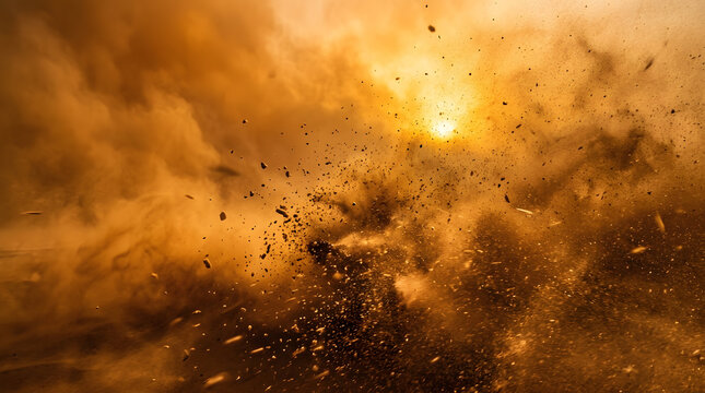 Dramatic golden sunset background featuring an explosive dust cloud with flying debris and particulate matter, conceptual photography of nature power, intense warm atmospheric lighting 