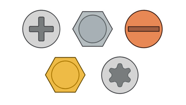 Vector set of screw heads and hex nuts from top view