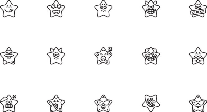 Kawaii angry star faces and spooky emotion outline vector icon set