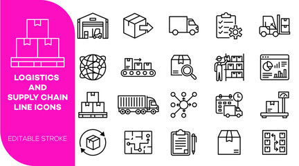 Fototapeta premium Logistics, supply chain management, shipping, warehousing, and distribution processes line icons.