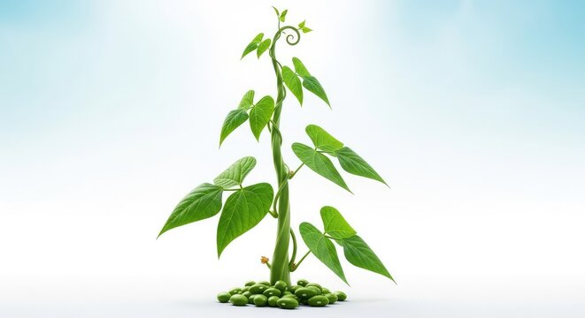 A massive green beanstalk spiraling upwards towards the sky, emerging from small magic beans on a clean white background with leaves, adventure, leaves, magic