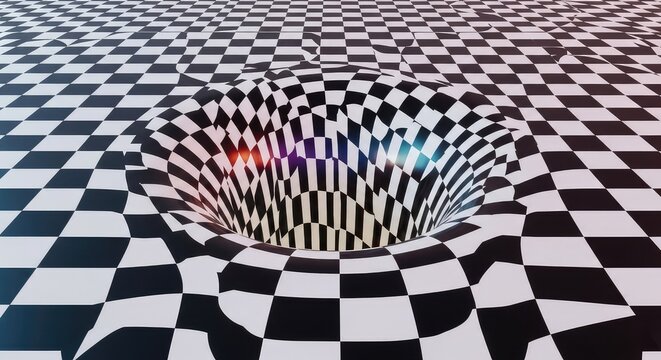 A mesmerizing black and white checkered floor with a surreal warped effect creating a deep visual hole and a striking optical illusion, dimensional, grid, stretch