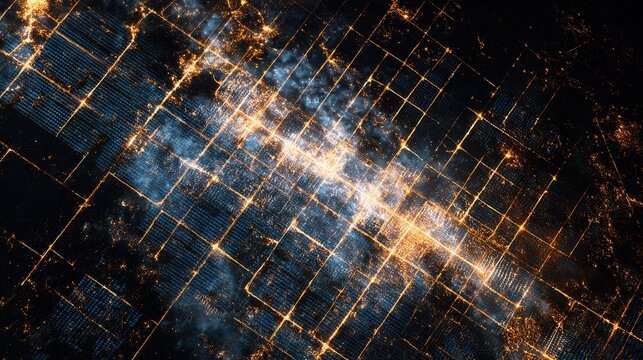 Aerial view of illuminated solar farm infrastructure grid at night from space