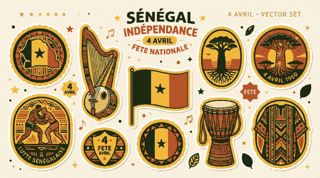 Senegal independence day sticker set with baobab kora