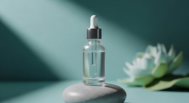 Glass dropper bottle with liquid rests on a stone teal colored setting