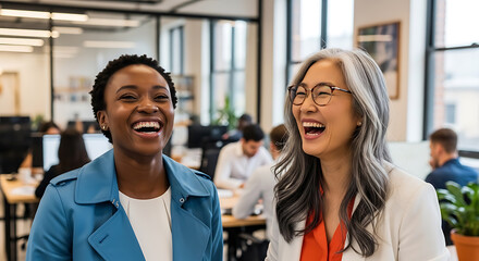 Obraz premium Two joyful businesswomen laughing together in a modern office environment colleagues women