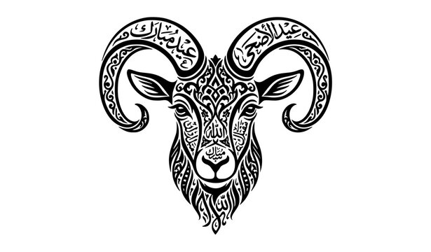 Ornamental ram head with detailed tribal pattern isolated black animal vector illustration