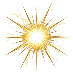 Fototapeta premium Golden lightning explosion effect, bright starburst with electric sparks and rays isolated on transparent background