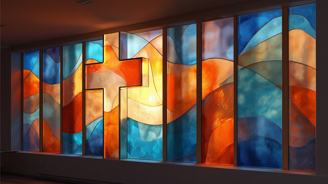 Stunning Catholic church sanctuary featuring vibrant stained glass artwork, dramatic sunbeams illuminating the pulpit, cross, and dim aisle in spiritual solitude.