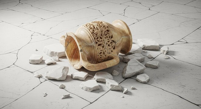 Broken alabaster vessel lies on its side upon a cracked stone floor. Fragile white fragments are scattered around the ancient marble debris, interior, wreckage, fragile