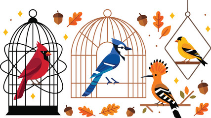 Geometric Autumn Forest Wild Bird Character Set with Red Cardinal Blue Jay Hoopoe Goldfinch Cages and Fall Leaves for Nature Graphic Designs © Abul