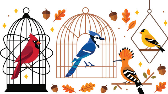 Geometric Autumn Forest Wild Bird Character Set with Red Cardinal Blue Jay Hoopoe Goldfinch Cages and Fall Leaves for Nature Graphic Designs