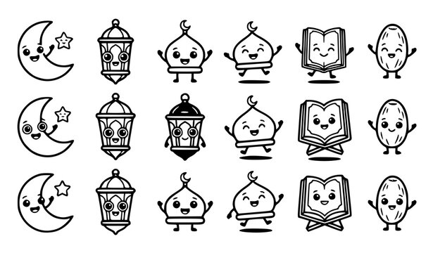 Cute Ramadan character icon collection featuring crescent moon lantern ketupat and smiling festive elements vector