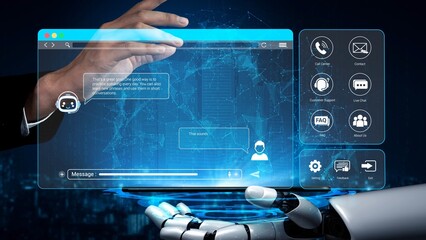 Futuristic Interface Interaction with Human Hand and Robotic Hand Featuring Chat and Support Icons...