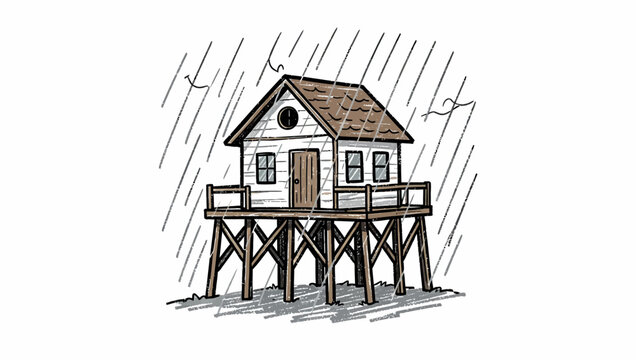 Elevated house on stilts in rain.