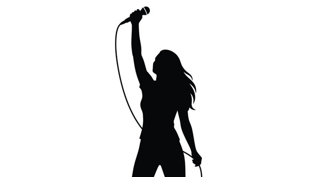 Black vector illustration of a female singer holding a microphone high in a live performance