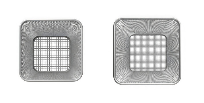 Top view of two empty wire mesh waste baskets isolated on transparent background
