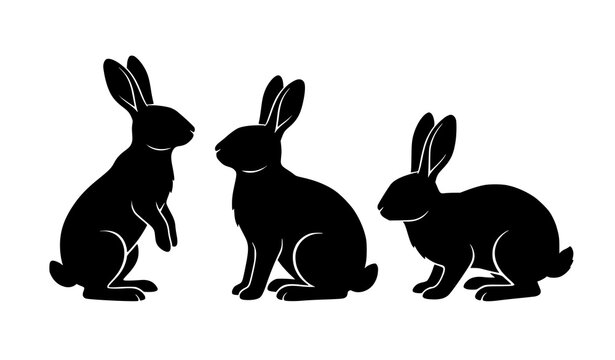 Three rabbit silhouettes vector illustration with long eared bunnies facing each other